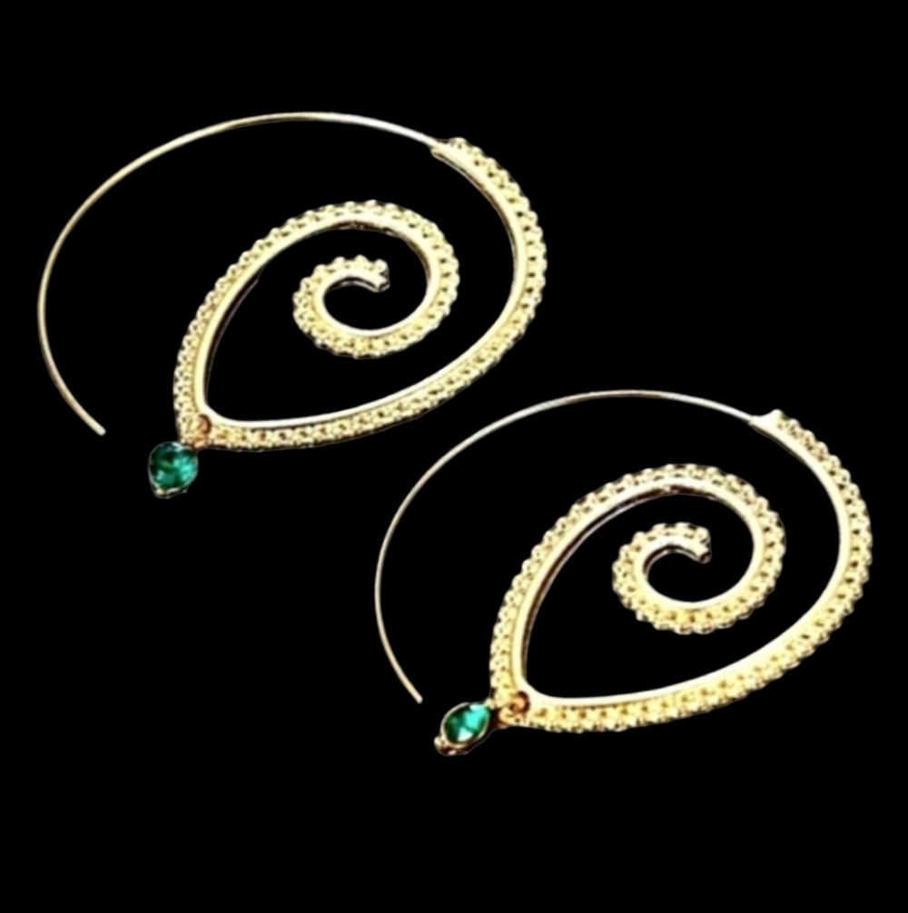 Gold Spiral Hoop Earrings Big Boho Swirl Emerald Green Accent India Bohemian